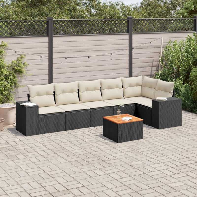 7 Piece Garden Sofa Set with Cushions Black Poly Rattan