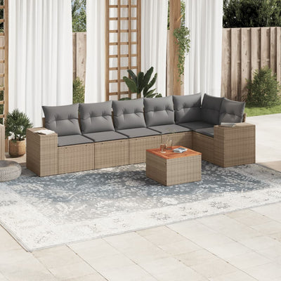 7 Piece Garden Sofa Set with Cushions Beige Poly Rattan