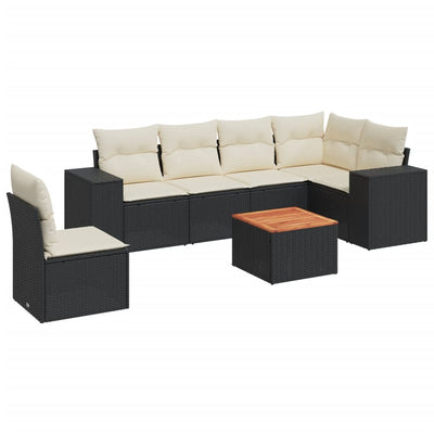 7 Piece Garden Sofa Set with Cushions Black Poly Rattan