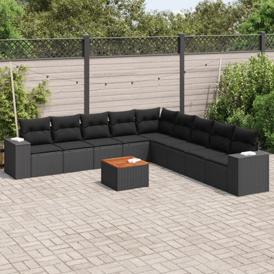 10 Piece Garden Sofa Set with Cushions Black Poly Rattan