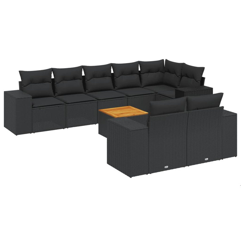 9 Piece Garden Sofa Set with Cushions Black Poly Rattan