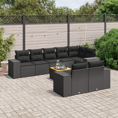 9 Piece Garden Sofa Set with Cushions Black Poly Rattan