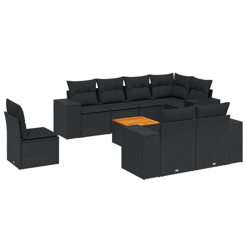 9 Piece Garden Sofa Set with Cushions Black Poly Rattan