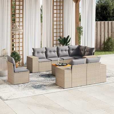 9 Piece Garden Sofa Set with Cushions Beige Poly Rattan