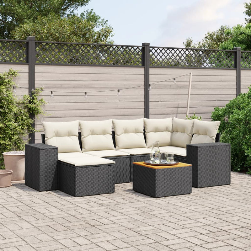 7 Piece Garden Sofa Set with Cushions Black Poly Rattan