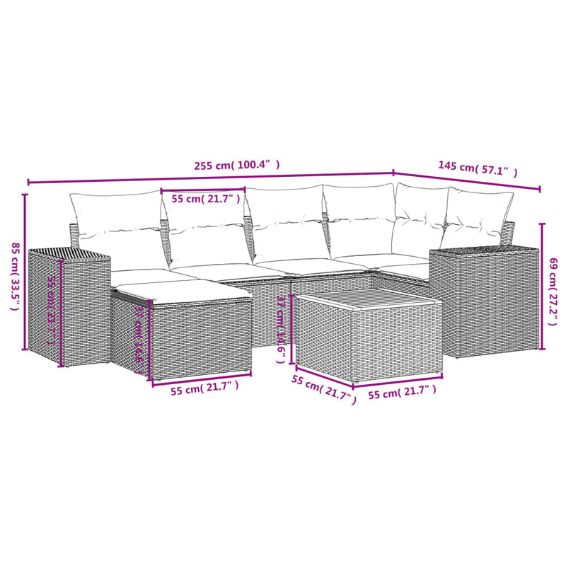 7 Piece Garden Sofa Set with Cushions Grey Poly Rattan