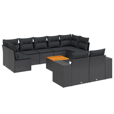 10 Piece Garden Sofa Set with Cushions Black Poly Rattan