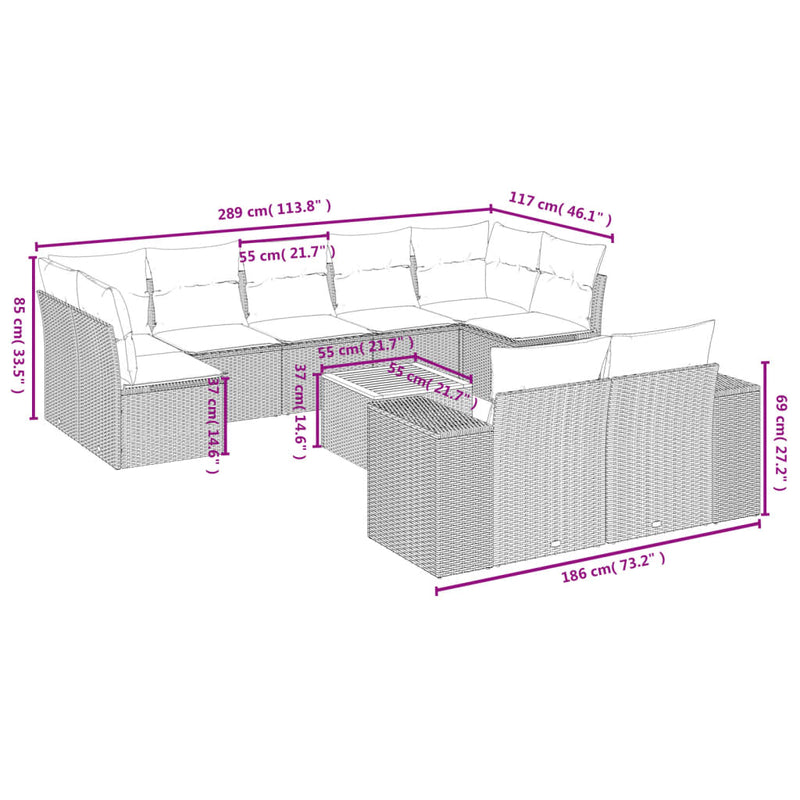 10 Piece Garden Sofa Set with Cushions Beige Poly Rattan