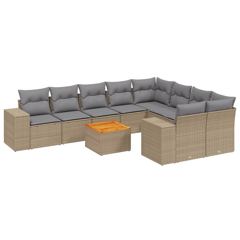 10 Piece Garden Sofa Set with Cushions Beige Poly Rattan