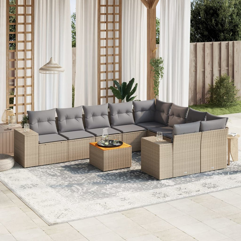 10 Piece Garden Sofa Set with Cushions Beige Poly Rattan