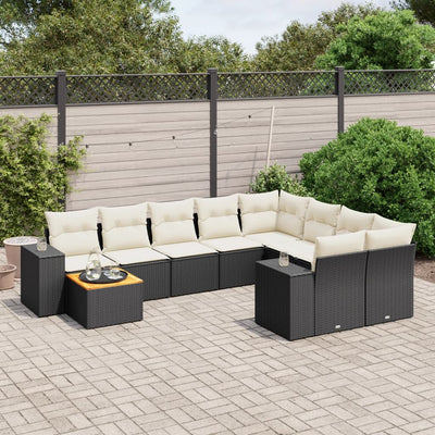 10 Piece Garden Sofa Set with Cushions Black Poly Rattan