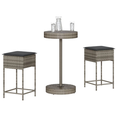 3 Piece Garden Bar Set with Cushions Grey Poly Rattan