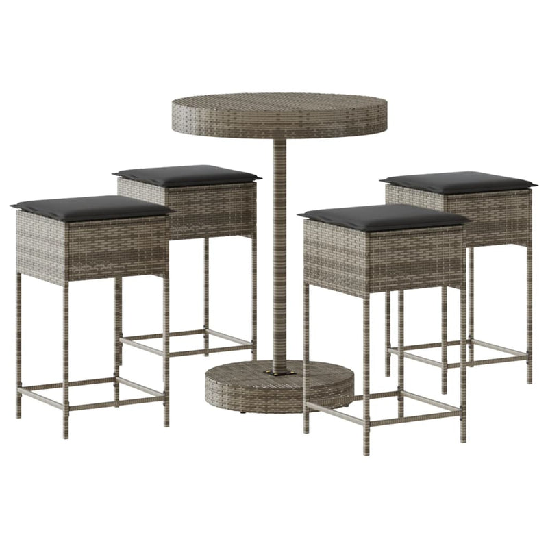 5 Piece Garden Bar Set with Cushions Grey Poly Rattan