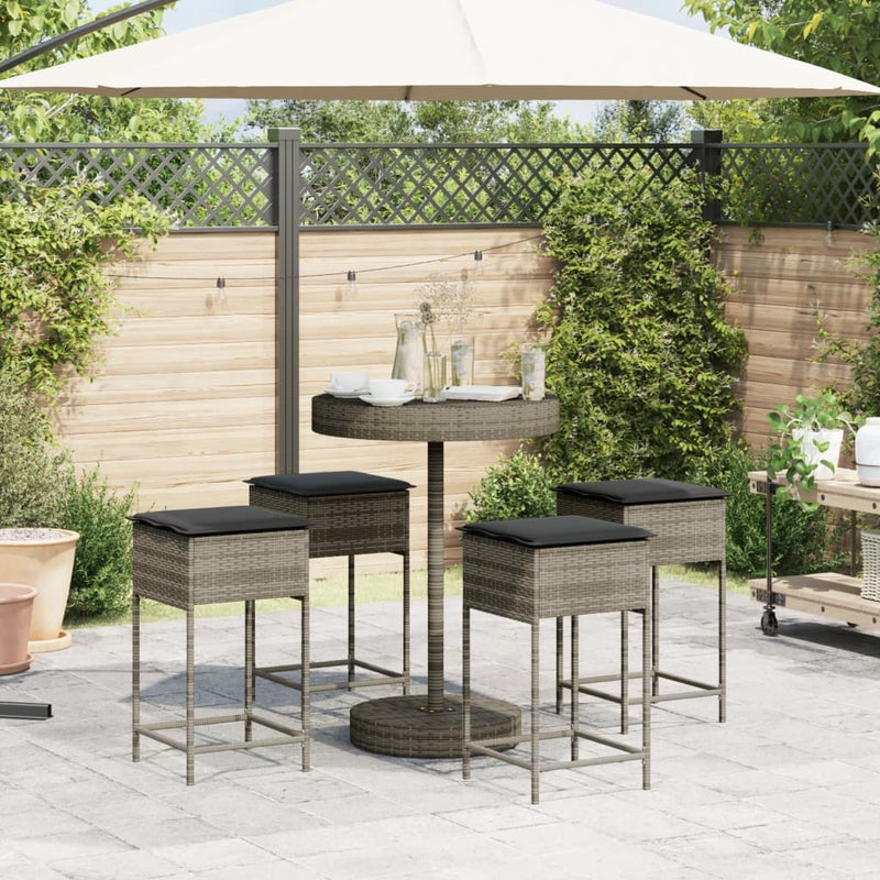 5 Piece Garden Bar Set with Cushions Grey Poly Rattan