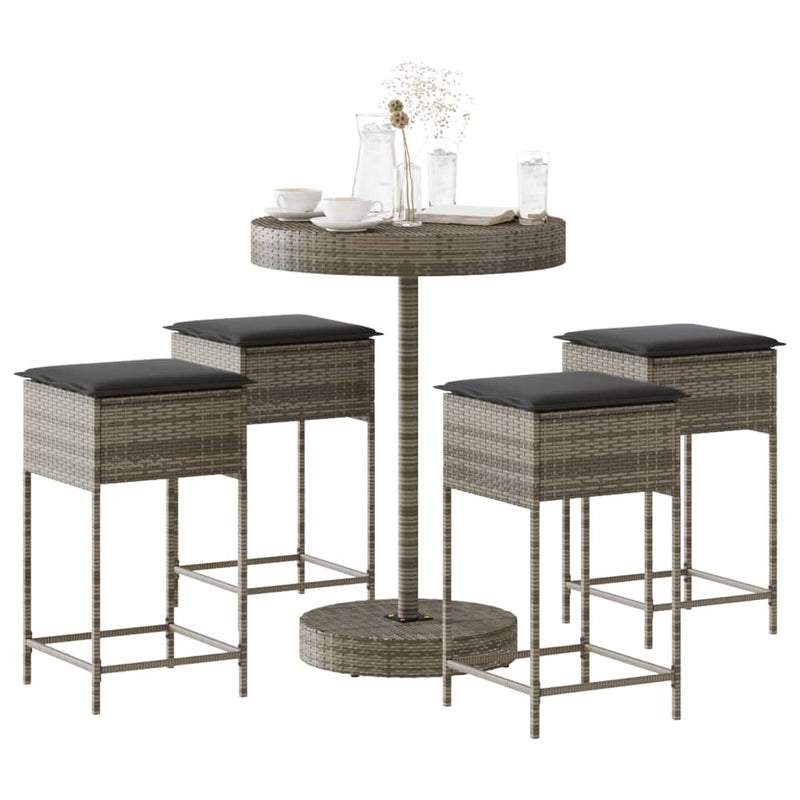 5 Piece Garden Bar Set with Cushions Grey Poly Rattan