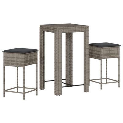 3 Piece Garden Bar Set with Cushions Grey Poly Rattan