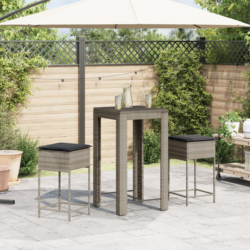 3 Piece Garden Bar Set with Cushions Grey Poly Rattan