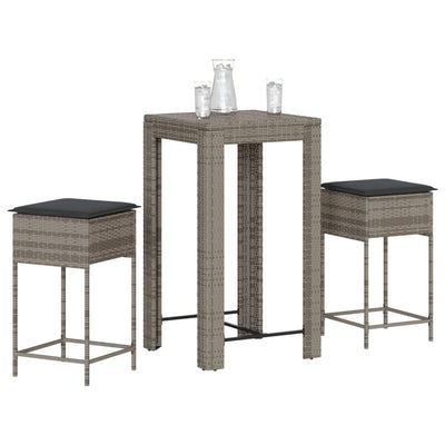 3 Piece Garden Bar Set with Cushions Grey Poly Rattan