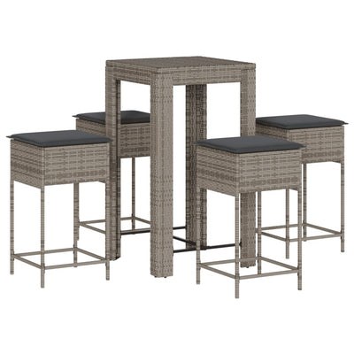 5 Piece Garden Bar Set with Cushions Grey Poly Rattan