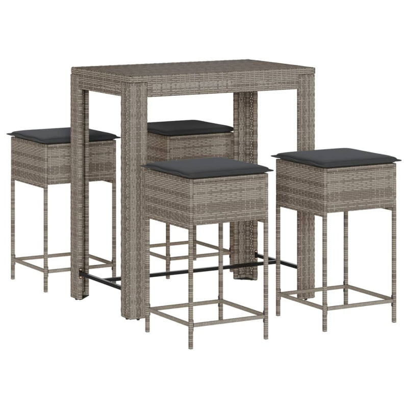 5 Piece Garden Bar Set with Cushions Grey Poly Rattan