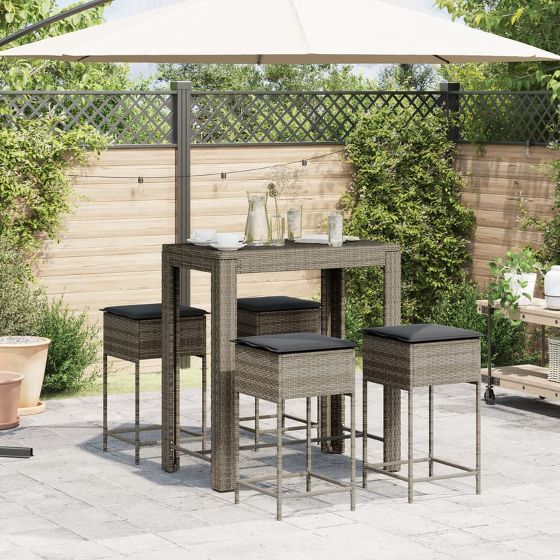 5 Piece Garden Bar Set with Cushions Grey Poly Rattan