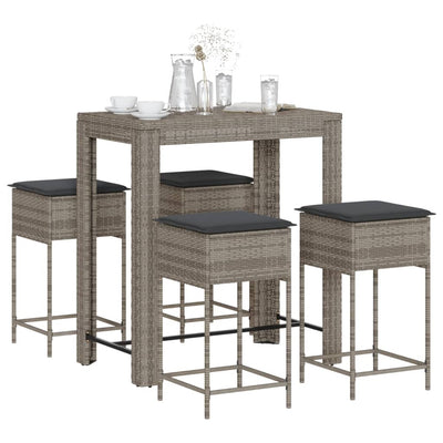 5 Piece Garden Bar Set with Cushions Grey Poly Rattan