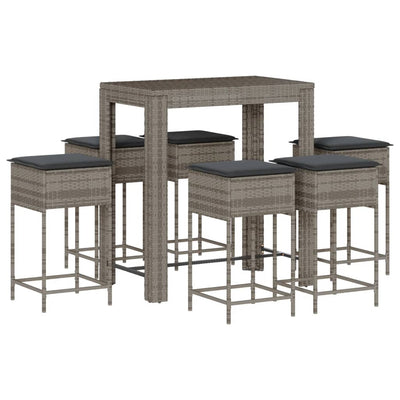 7 Piece Garden Bar Set with Cushions Grey Poly Rattan