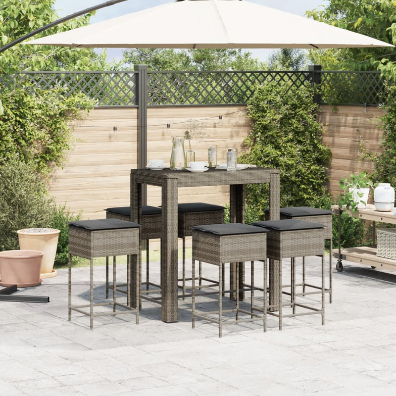 7 Piece Garden Bar Set with Cushions Grey Poly Rattan