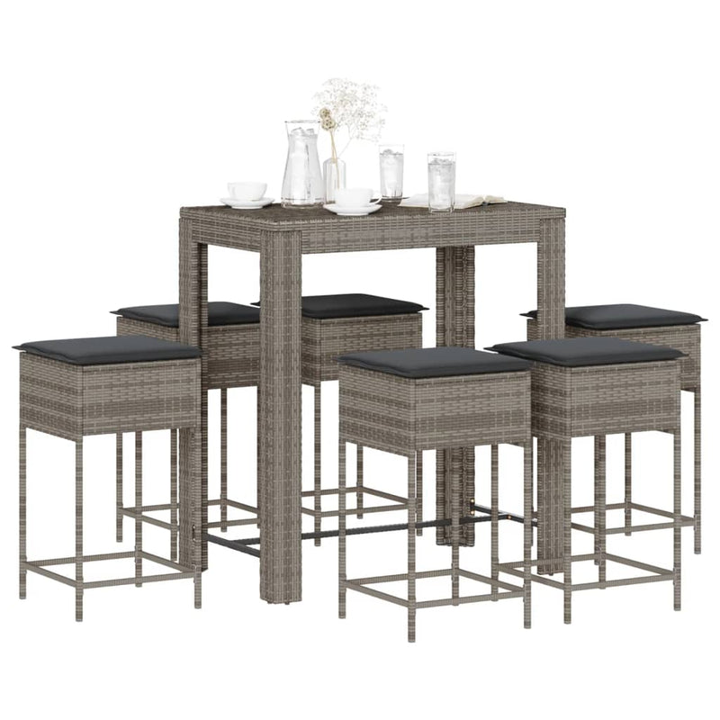 7 Piece Garden Bar Set with Cushions Grey Poly Rattan