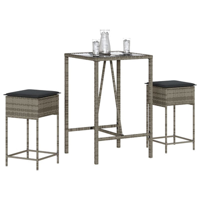 3 Piece Garden Bar Set with Cushions Grey Poly Rattan