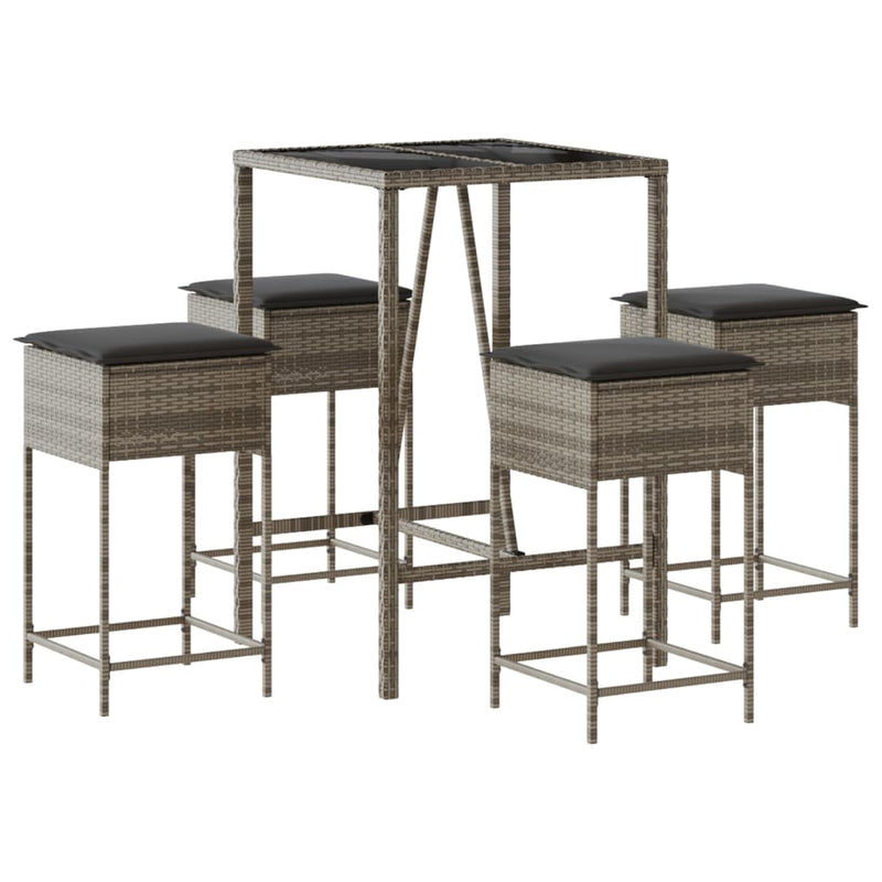 5 Piece Garden Bar Set with Cushions Grey Poly Rattan