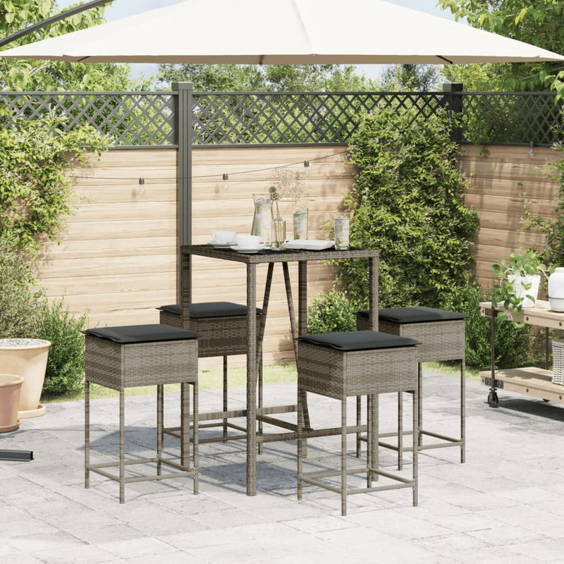 5 Piece Garden Bar Set with Cushions Grey Poly Rattan