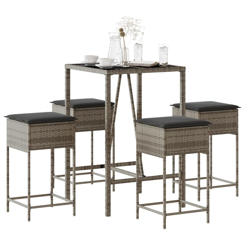 5 Piece Garden Bar Set with Cushions Grey Poly Rattan