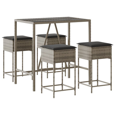 5 Piece Garden Bar Set with Cushions Grey Poly Rattan