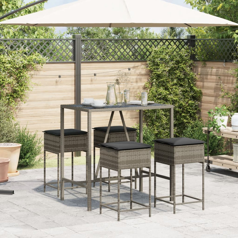 5 Piece Garden Bar Set with Cushions Grey Poly Rattan