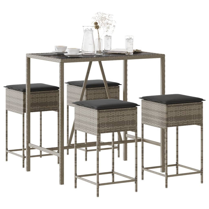 5 Piece Garden Bar Set with Cushions Grey Poly Rattan