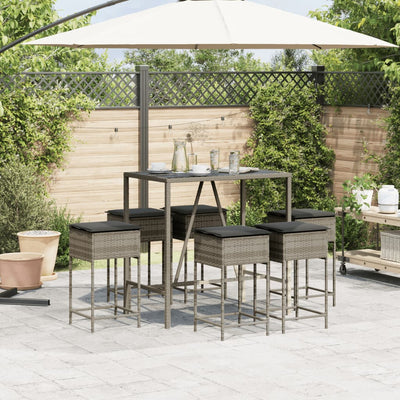 7 Piece Garden Bar Set with Cushions Grey Poly Rattan