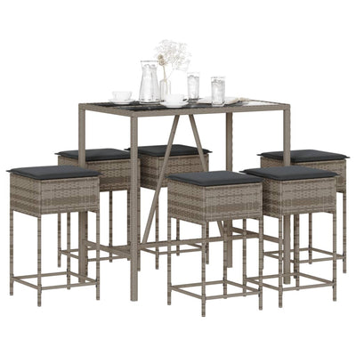 7 Piece Garden Bar Set with Cushions Grey Poly Rattan