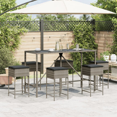 7 Piece Garden Bar Set with Cushions Grey Poly Rattan