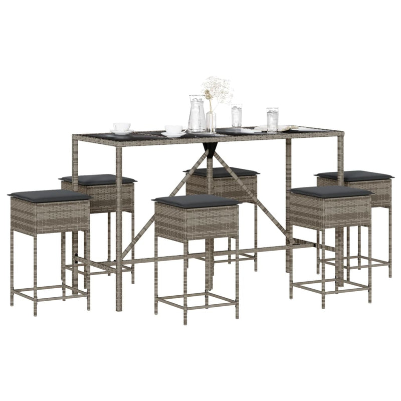 7 Piece Garden Bar Set with Cushions Grey Poly Rattan