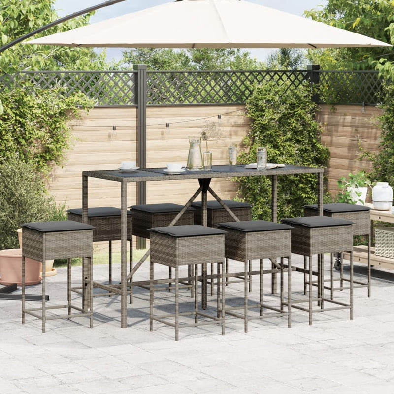 9 Piece Garden Bar Set with Cushions Grey Poly Rattan