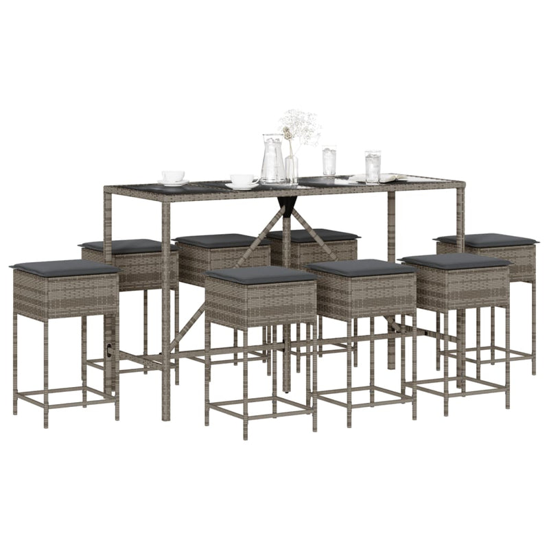 9 Piece Garden Bar Set with Cushions Grey Poly Rattan