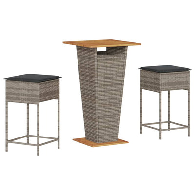 3 Piece Garden Bar Set with Cushions Grey Poly Rattan