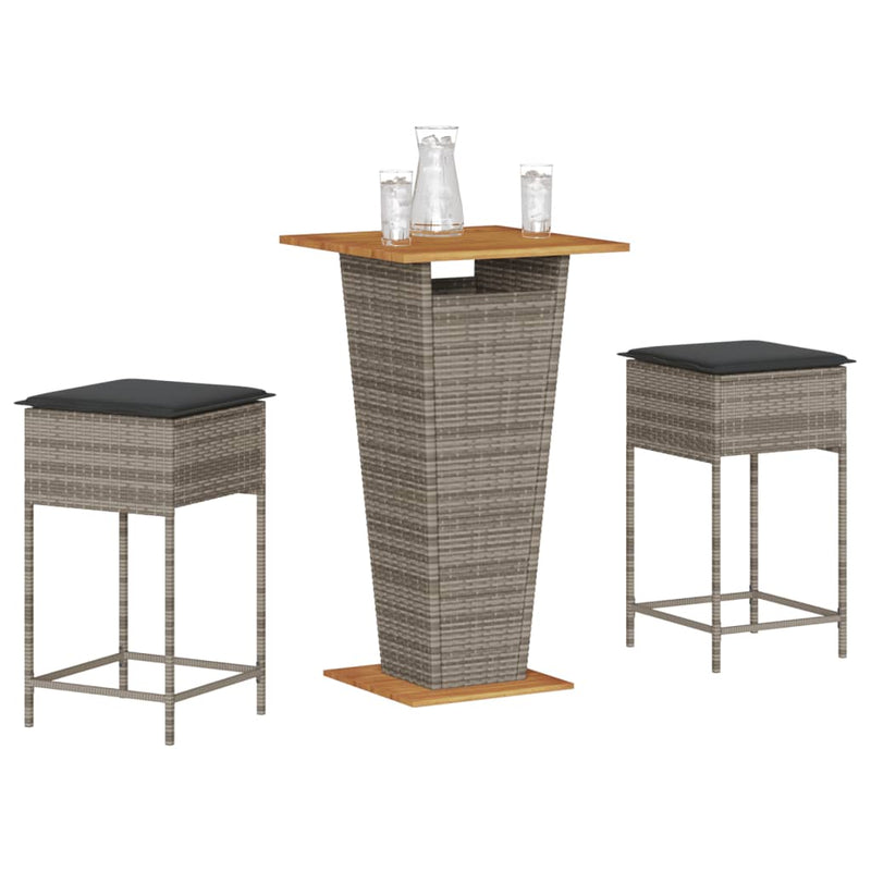 3 Piece Garden Bar Set with Cushions Grey Poly Rattan