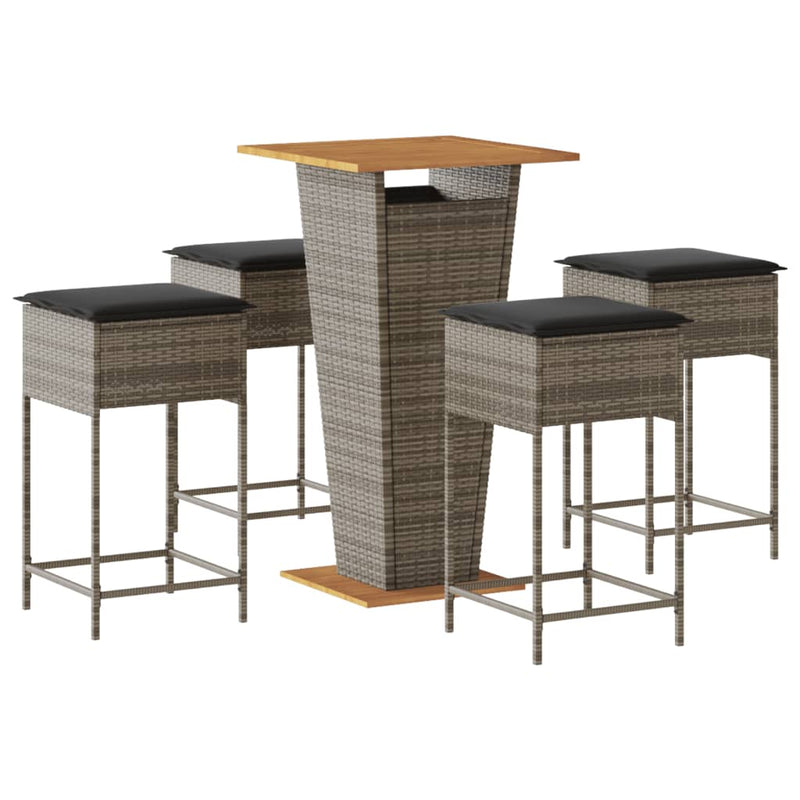 5 Piece Garden Bar Set with Cushions Grey Poly Rattan