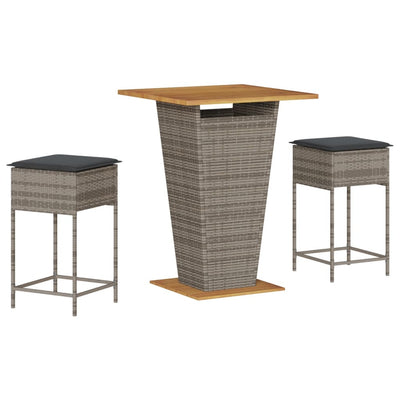 3 Piece Garden Bar Set with Cushions Grey Poly Rattan