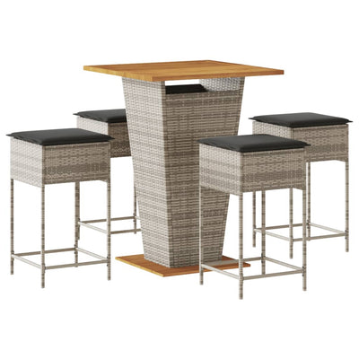 5 Piece Garden Bar Set with Cushions Grey Poly Rattan