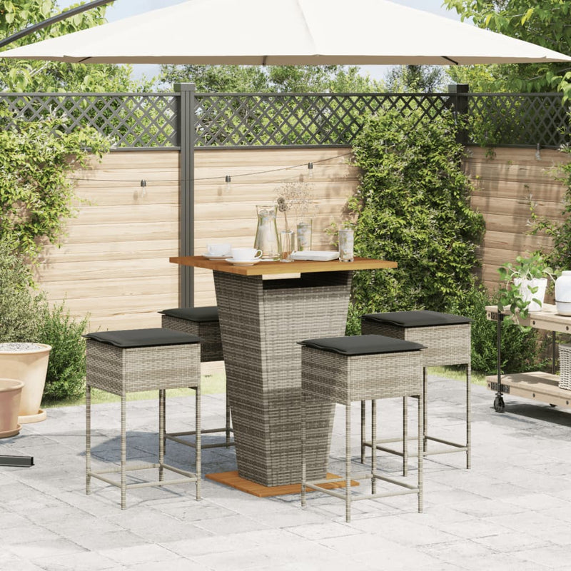 5 Piece Garden Bar Set with Cushions Grey Poly Rattan