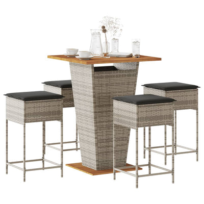 5 Piece Garden Bar Set with Cushions Grey Poly Rattan