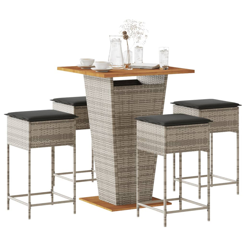 5 Piece Garden Bar Set with Cushions Grey Poly Rattan